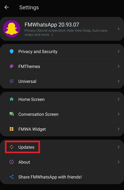 FM WhatsApp Updates option menu