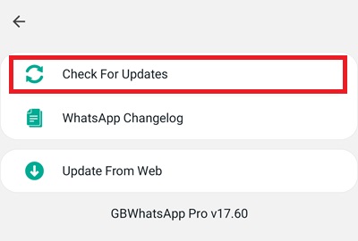 Checking for updates via the in app GBWhatsApp updater 