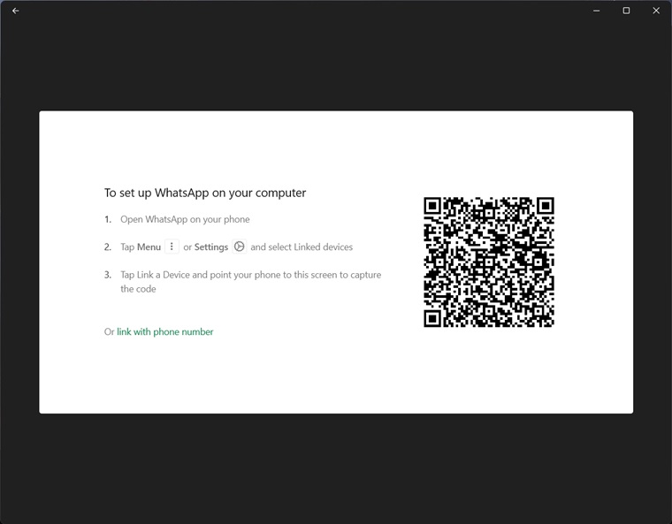 WhatsApp download for PC linking accounts screen with QR code