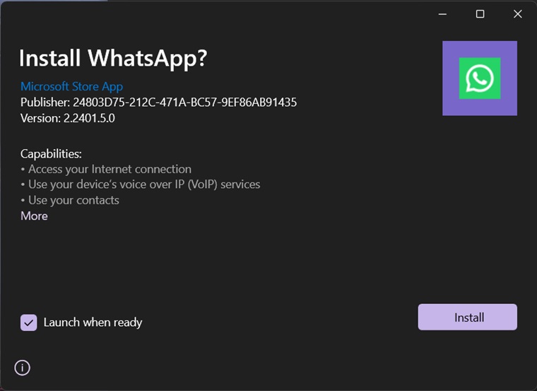 WhatsApp Download for PC Setup launch screen before beginning installation.