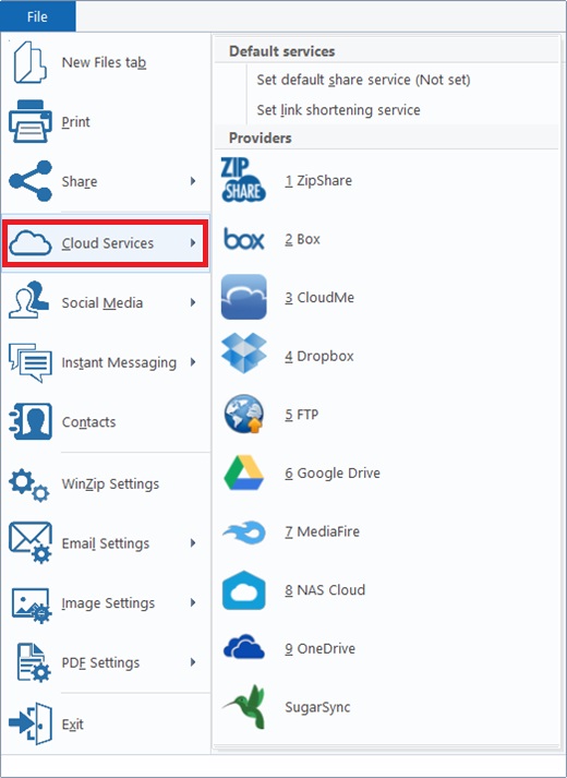 WinZip Cloud services integration menu 