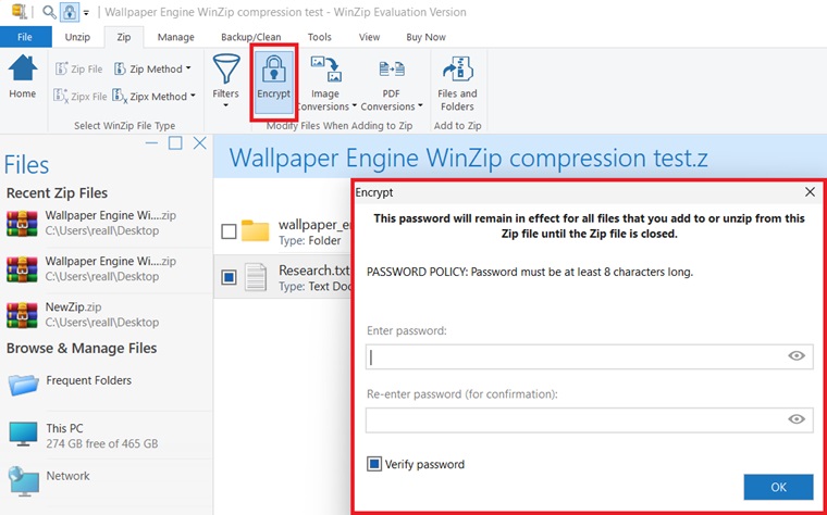 Encrypting archives with WinZip