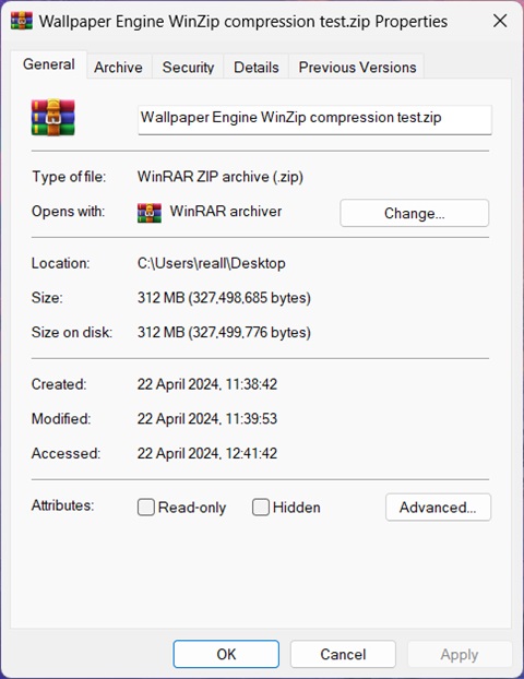 Final archive size after its compressed by WinZip