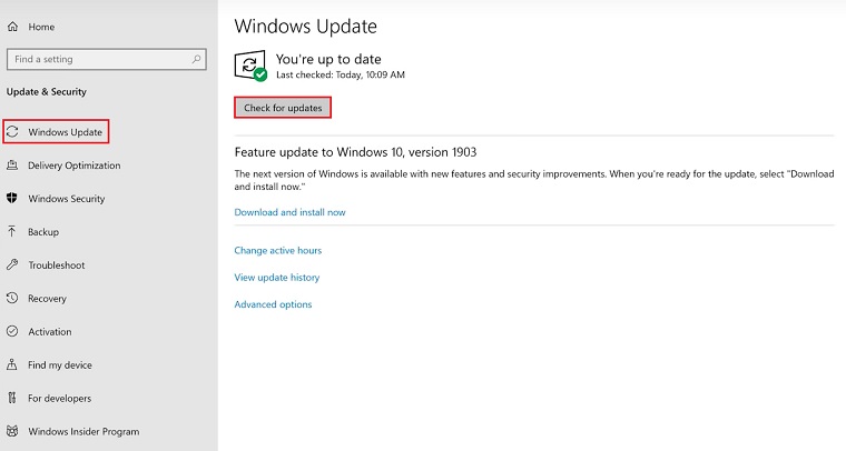 Windows 10 - Windows Update Menu - DirectX 12 Ultimate