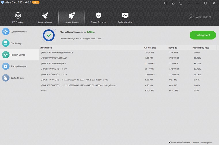 Wise Care 365 Registry Defrag