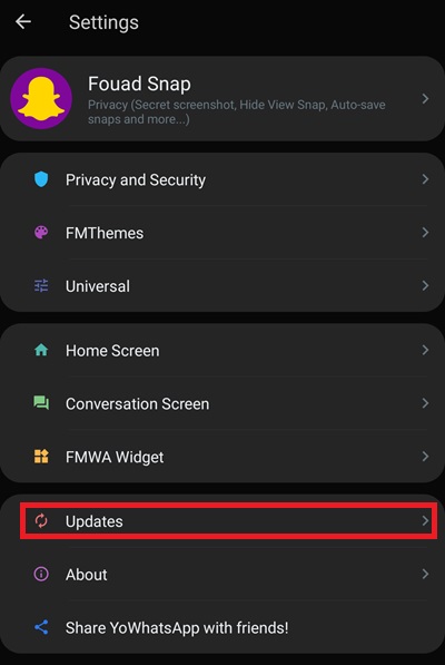 YoWhatsApp Updates option in Settings menu 