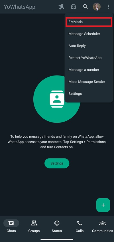 YoWhatsApp settings button in the drop down menu