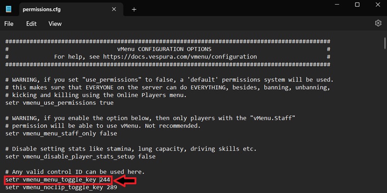 Changing vMenu keybind via permissions.cfg
