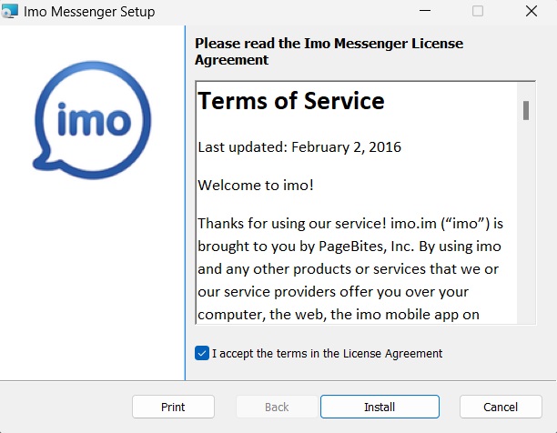 Imo installation process, Terms of license agreement step