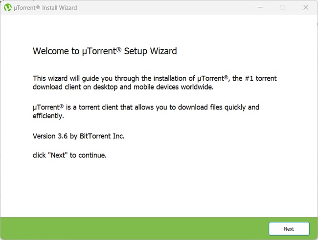 uTorrent setup wizard start screen
