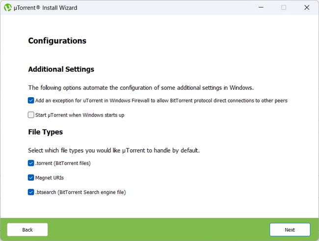 uTorrent installation advanced options selection step