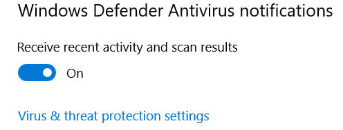 Disable Defender Antivirus Recent activity and scan results