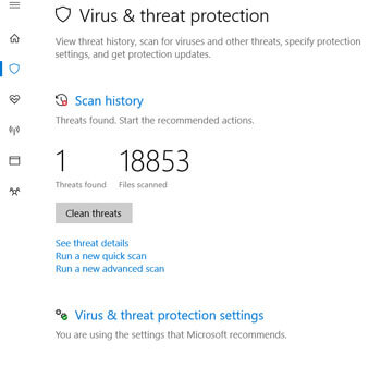 Windows Defender Virus & Threat Protection settings Windows 10