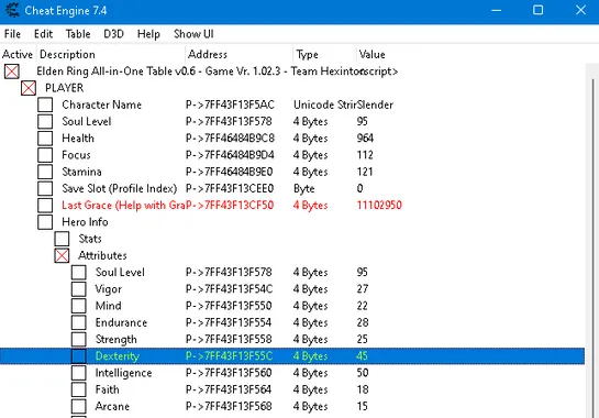 Change Attributes in Elden ring using the cheat engine.