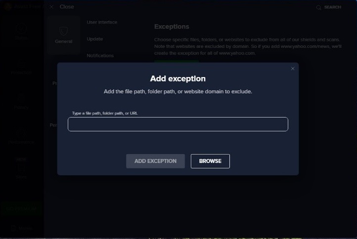 Add file path or URL to Avast Exception 