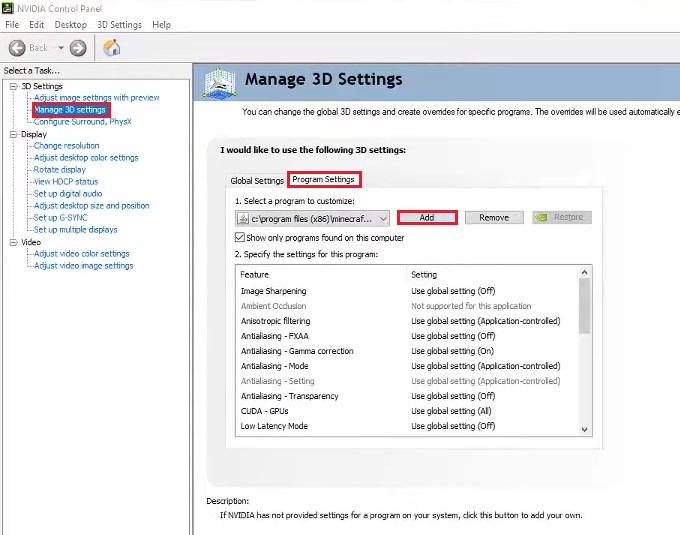 Nvidia 3D Settings For Programs.