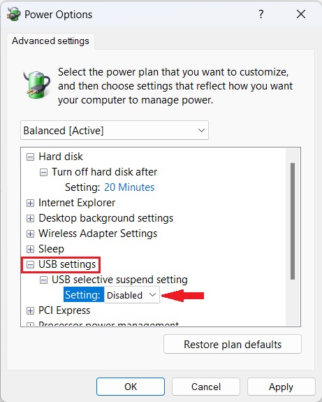 USB selective suspend setting menu.