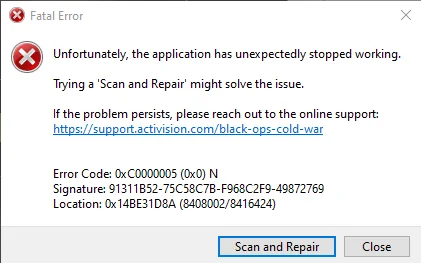 Fatal Error. Error Code 0xC0000005 (0x0) N