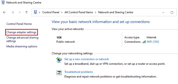 Change Adapter Settings inside Network Settings.