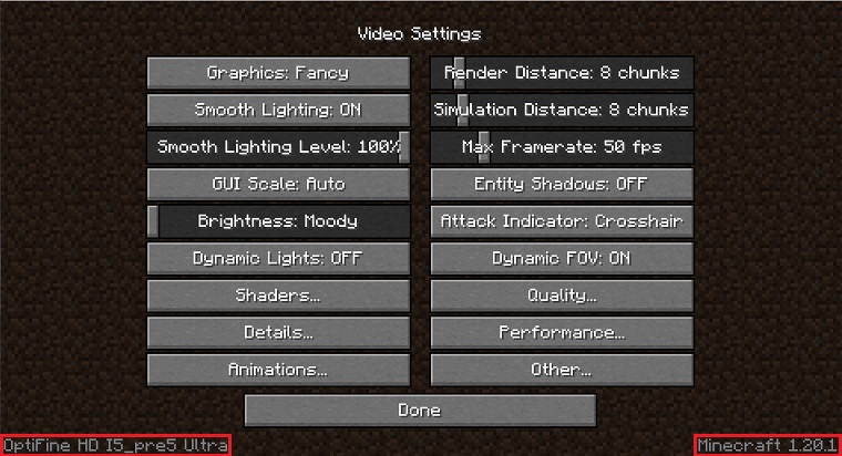 OptiFine version in Minecraft's video settings.