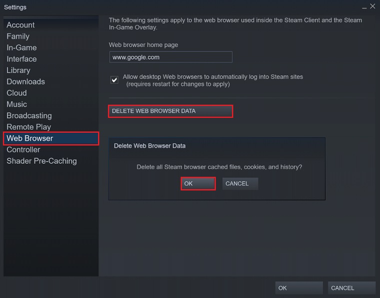 Web browser settings inside Steam settings.