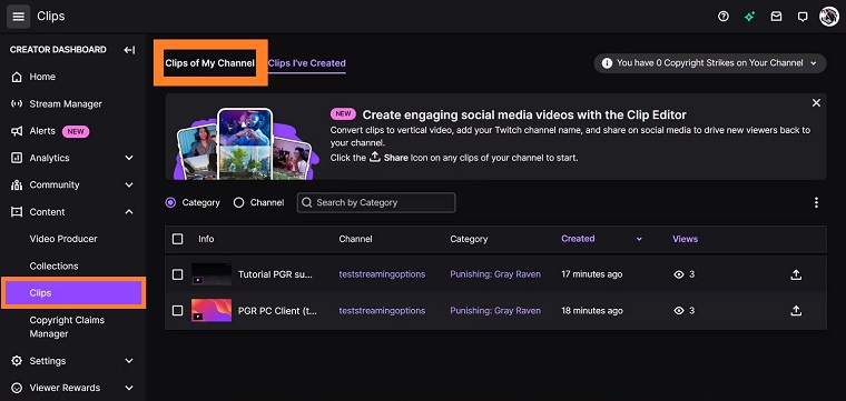 Click on Clips of My Channel tab to download twitch clips