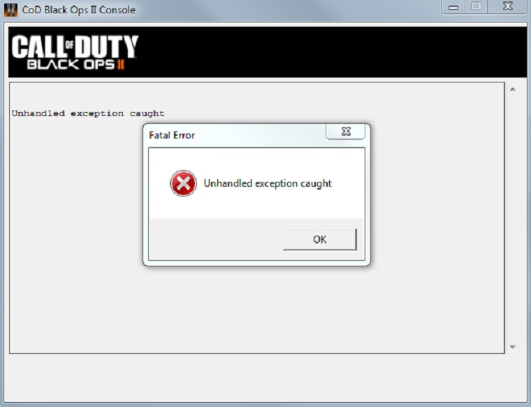 Call Of Duty Black Ops 2 "Unhandled Exception Caught" Error Screen.