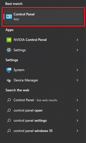 Control Panel app in Windows search bar.