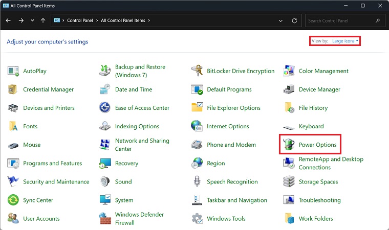 Power Options in Control Panel Menu.