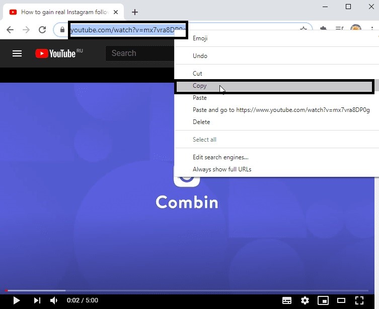 Copy the URL of the YouTube video.