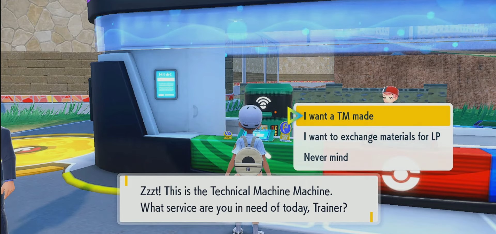 Craft the TM Moves at Poke Center by interacting with the Green Robot