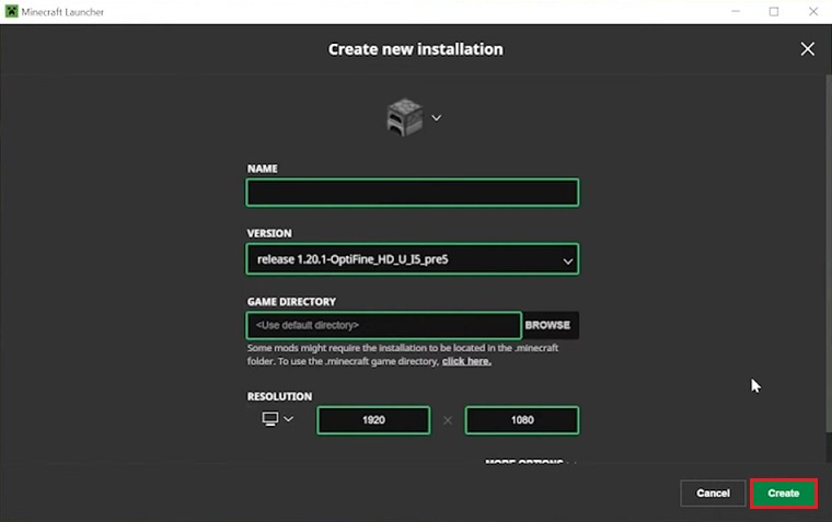 filling in details for the new custom installation of Minecraft Java Edition.