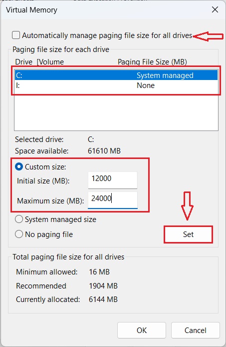 Virtual memory settings.