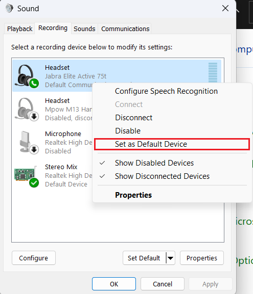 set mic as default device in windows PC