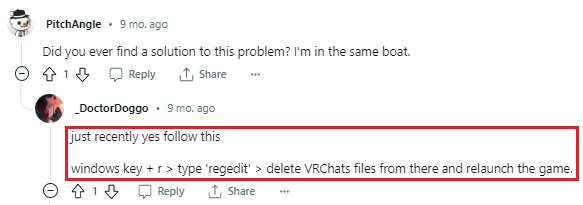 Reddit user fixed the issue by deleting VRChat's Registry.