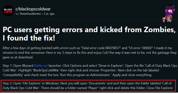 Delete Player files from documents to fix fatal error crash in COD BOCW