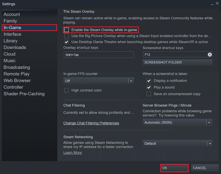 Disabling Steam Overlay from Steam Settings.