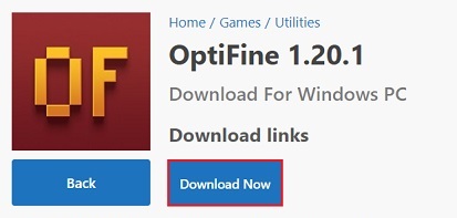 Download Now button on OptiFine's webpage for Minecraft