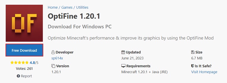 Downloading OptiFine 1.20.1 for Minecraft