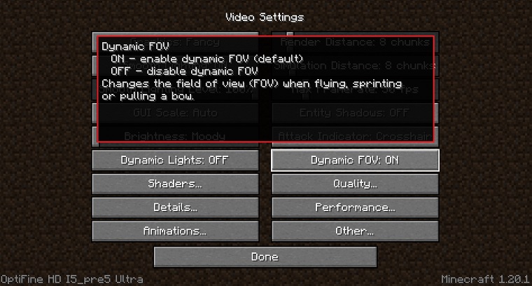 Hovering on Dynamic FOV explains what it does - Minecraft OptiFine