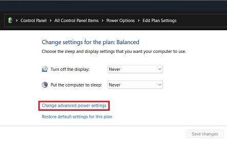 Change advanced power settings option.