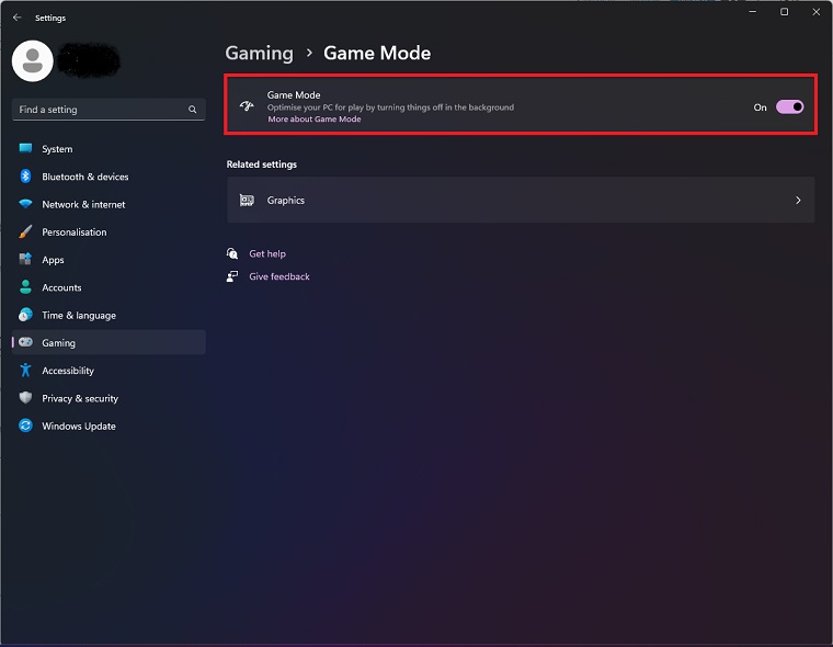 Enable Game Mode on the PC