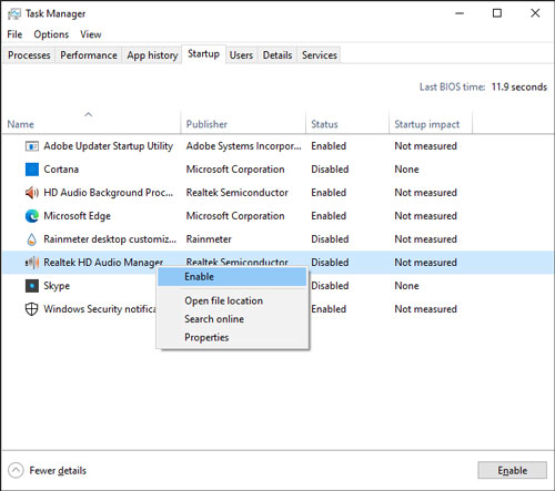 Enable Realtek HD Audio Manager Not Working opening Startup Tab