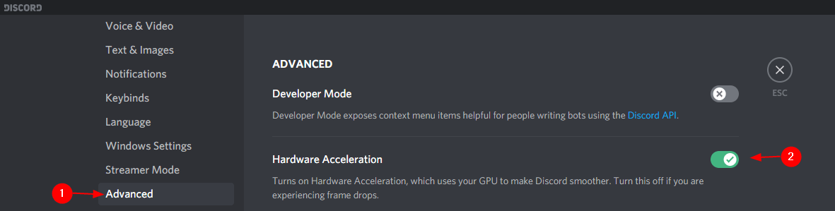 Disable Hardware Acceleration to fix discord screen share black screen 