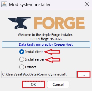 Forge for Minecraft installer window