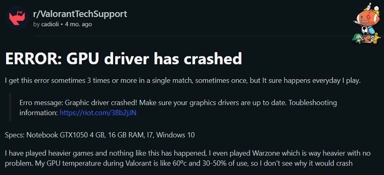 Valorant multiple GPU driver crashes.