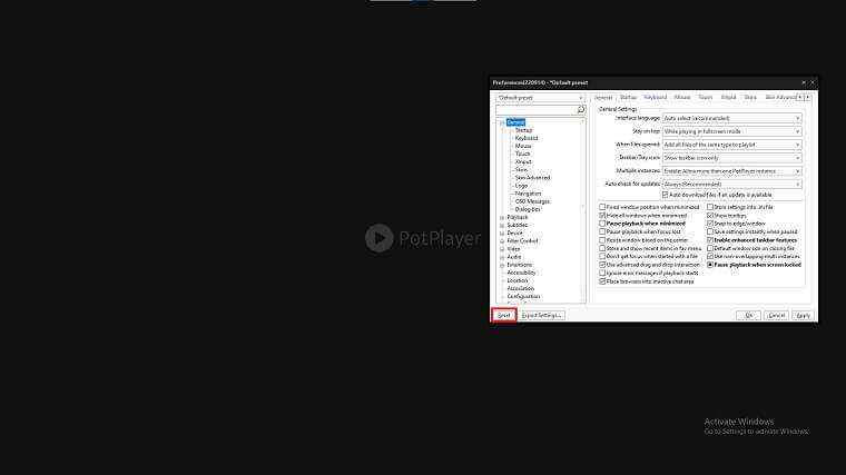how to reset potplayer to default settings