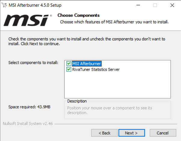 Install MSI Afterburner 4.5.0 setup on Windows 10
