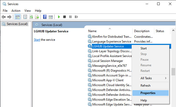 LGHUB Updater Service Properties