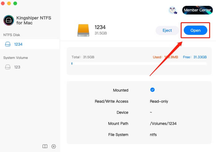 Launch Kingshiper NTFS for Mac on your desktop select the NTFS disk and click Open in the upper right corner